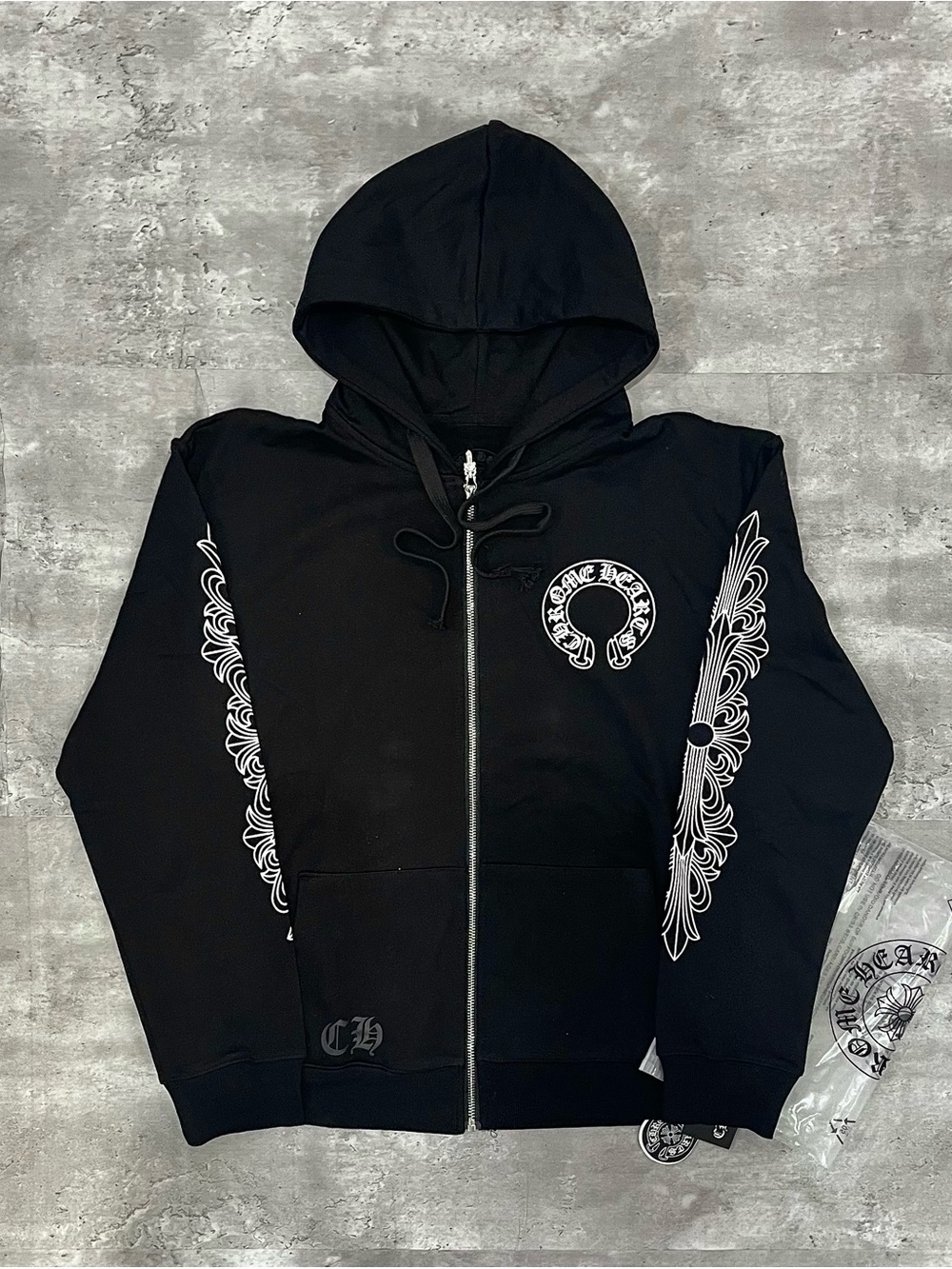 Chrome Hearts Black Zip Hoodie with Silver Zipper and Logo